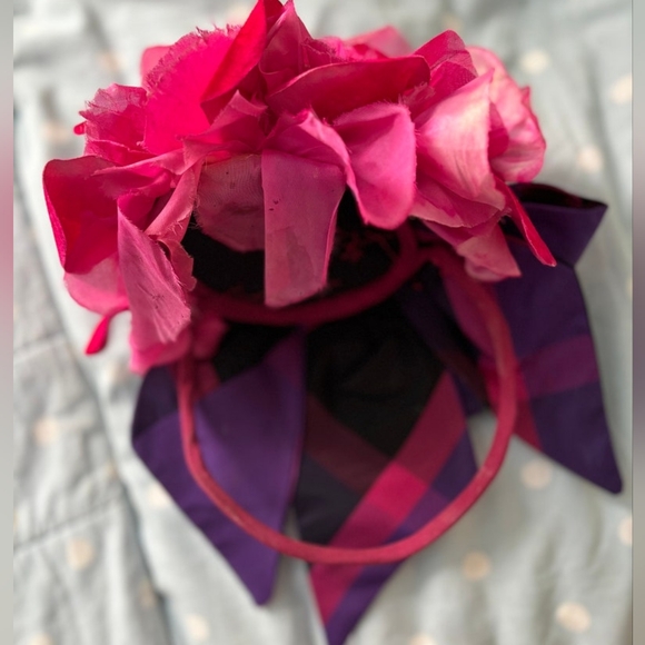True Vintage 1940s Pink And Purple Floral And Stripe Bow Hat Fascinator
